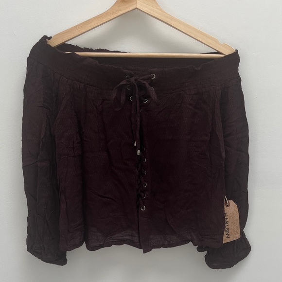 Harlow Maroon Lace Up Blouse Crop Top Off Shoulder 3/4 Sleeve Boxy Knit - Picture 1 of 3